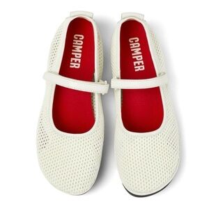 Camper White Mesh Mary Jane Flats with Red Insole